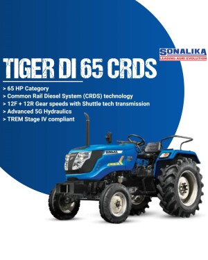 Blue Sonalika Tiger DI 65 CRDS tractor with key features listed