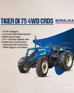 Blue Sonalika Tiger DI 75 4WD CRDS tractor with detailed specifications