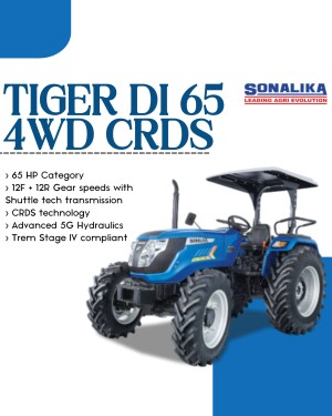 Blue Sonalika Tiger DI 65 4WD CRDS tractor with detailed specifications