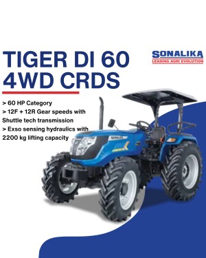 Blue Sonalika Tiger DI 60 4WD CRDS tractor with detailed specifications