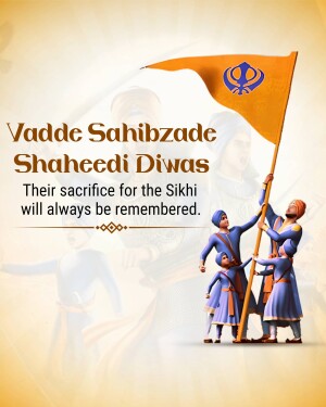 Illustration depicting Vadde Sahibzade Shaheedi Diwas with a Khanda flag and Sikh warriors.