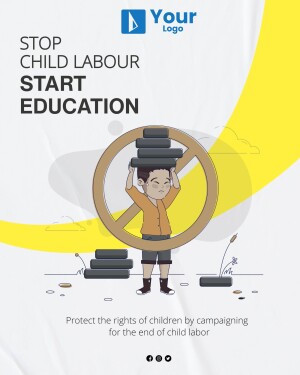 Illustration of a child burdened by books under a 'no' symbol, advocating for education over child labour.