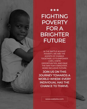 A young child sitting against a wall with text overlayed about fighting poverty.