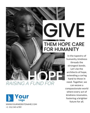 A black and white image of a young boy with the text 'GIVE' and 'HOPE' promoting a fundraising campaign.