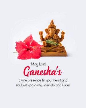 Golden Ganesha idol with a red hibiscus flower and text wishing positivity