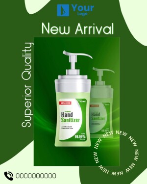 Image of a new arrival hand sanitizer product with a green and white color scheme.
