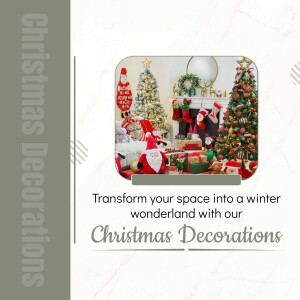 Christmas decorations including trees, wreaths, stockings, and a Santa Claus figure.