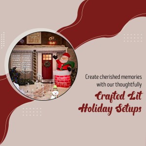 Festive holiday decoration of Santa Claus and a snowman in front of a decorated house.