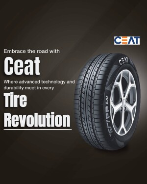 Ceat tire advertisement showcasing a high-performance tire with the tagline 'Embrace the road with Ceat'