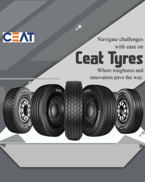 Ceat Tyres advertisement featuring a row of tyres with the tagline 'Navigate challenges with ease'.