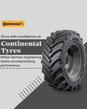 Close-up of a Continental TractorMaster tyre with branding and promotional text.