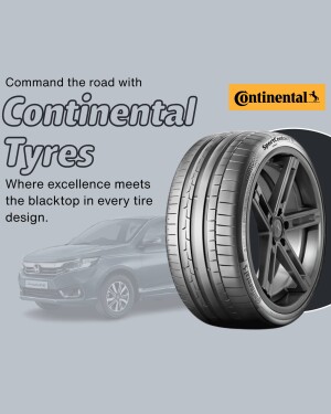 Continental Tyre advertisement featuring a car and a close-up of a tyre