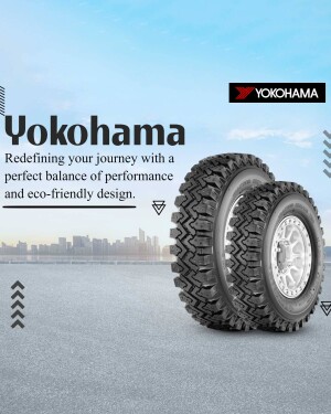 Yokohama off-road tire with city skyline background