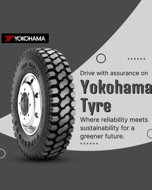 Close-up of a Yokohama tyre with branding and promotional text.