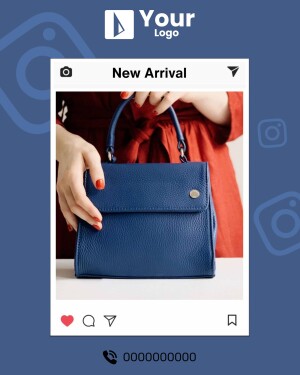 Close-up of a woman holding a blue leather handbag, displayed as an Instagram post.