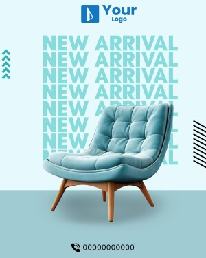 Modern blue armchair with 'New Arrival' text overlay