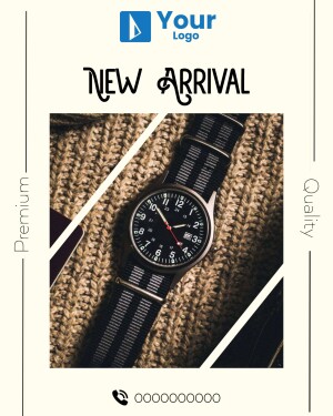 Close-up of a stylish wristwatch on a textured fabric background with 'New Arrival' text.