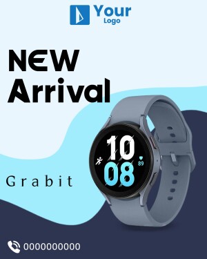 Image of a new smartwatch with a blue and white promotional design.