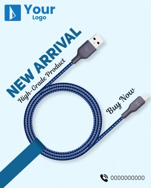 Image of a braided blue USB-C cable with a 'New Arrival' banner.