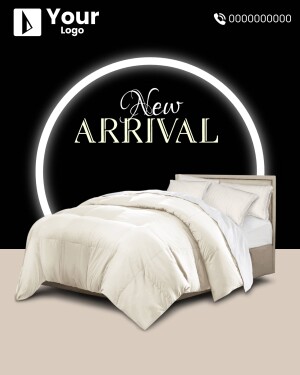 Image of a bed with new arrival bedding, featuring a white comforter and pillows, set against a dark background with a neon circle and logo.
