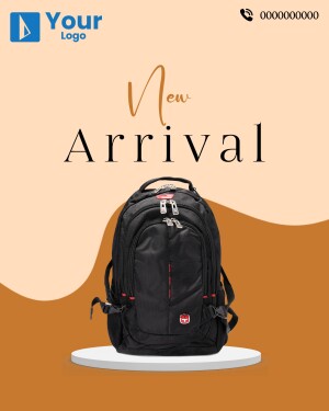 Black backpack on a white pedestal with 'New Arrival' text.
