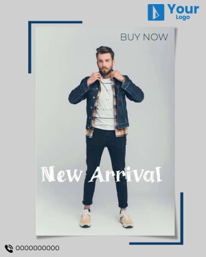 Man wearing a denim jacket and plaid shirt, promoting a new arrival.