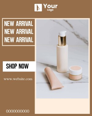 Promotional image for new skincare products with a bottle, tube, and jar on a marble surface.