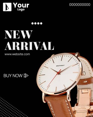 Elegant wristwatch with 'New Arrival' promotional text.