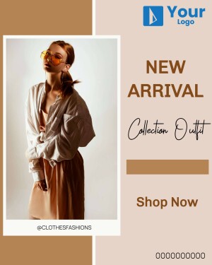 Woman wearing stylish outfit with 'New Arrival' promotion