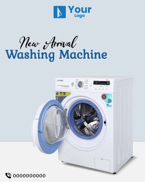 Front view of a white washing machine with a blue door, showcasing its interior.