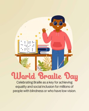 Illustration depicting a person with a visual impairment and Braille books, celebrating World Braille Day.