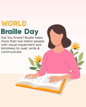 Illustration of a woman reading a Braille book with text about World Braille Day.