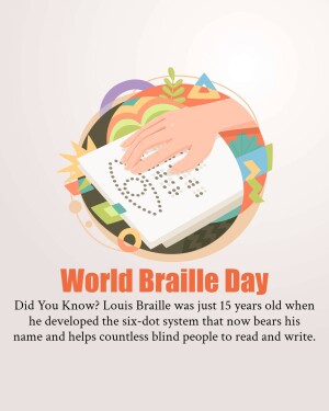 Illustration depicting a hand reading Braille with colorful abstract elements and text celebrating World Braille Day.