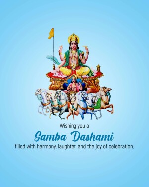 Illustration of Lord Surya on a chariot pulled by horses with 'Samba Dashami' text.
