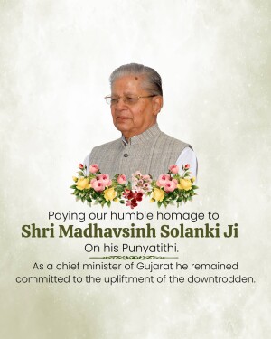 Portrait of Shri Madhavsinh Solanki Ji with floral tribute