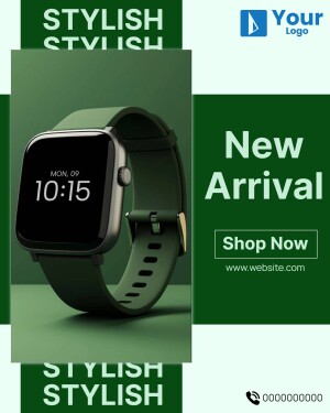 Green smartwatch with a digital display and 'New Arrival' text.