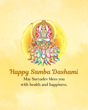 Image depicting Lord Suryadev on a chariot with horses, with the text 'Happy Samba Dashami'