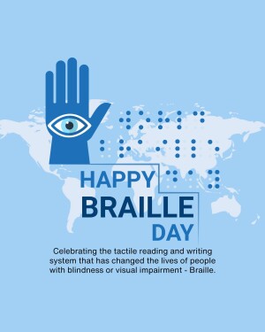 Image depicting a hand with an eye in the palm over a world map with Braille dots, celebrating Happy Braille Day.