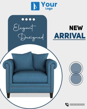 Blue sofa with decorative pillows, new arrival advertisement