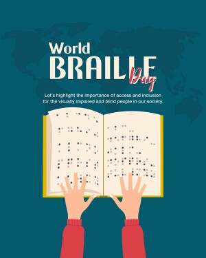 Illustration of hands reading a Braille book with the words 'World Braille Day' and a world map in the background.