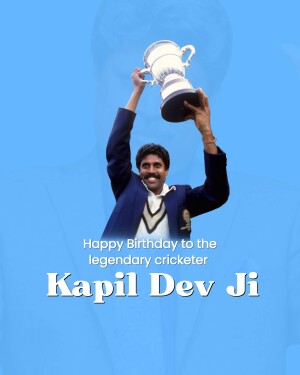 Kapil Dev holding the 1983 Cricket World Cup trophy with a birthday message
