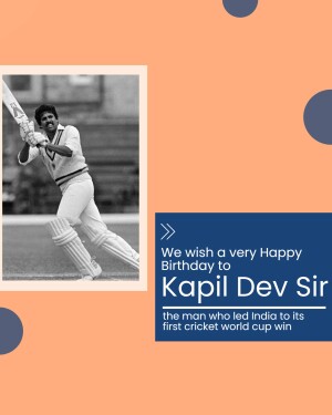 Black and white image of Kapil Dev batting with a birthday wish message.
