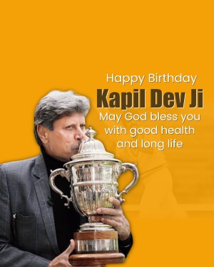Kapil Dev with the 1983 Cricket World Cup trophy, wishing him a happy birthday.