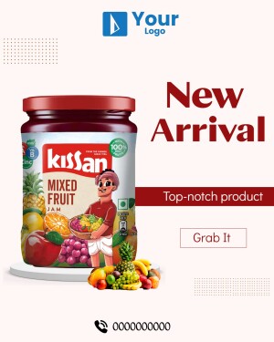 Image of Kissan Mixed Fruit Jam with fruits around it, announcing a new arrival.