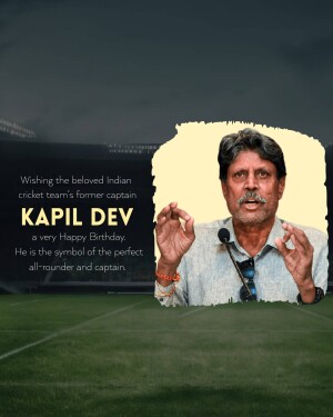 Portrait of Kapil Dev, former Indian cricket captain, with a birthday message.