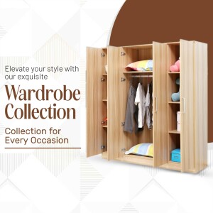 Light brown wooden wardrobe with clothes inside, advertising a wardrobe collection.