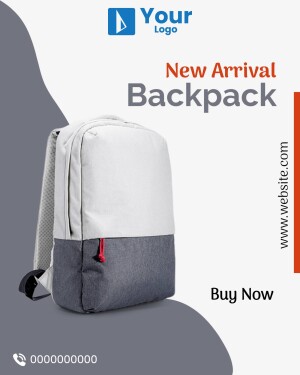 Image of a gray and white backpack with a promotional banner.