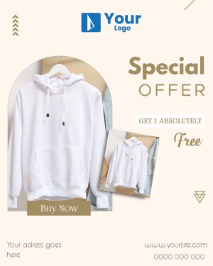 White hoodie on a hanger with a special offer promotion.