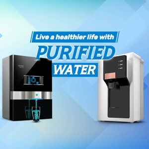 Two water purifiers, one black and one white, with a glass of water being filled.