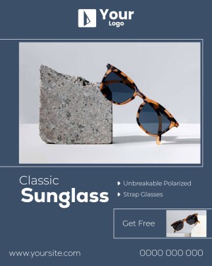 Close-up of stylish sunglasses on a stone block with text 'Classic Sunglasses' and website address.